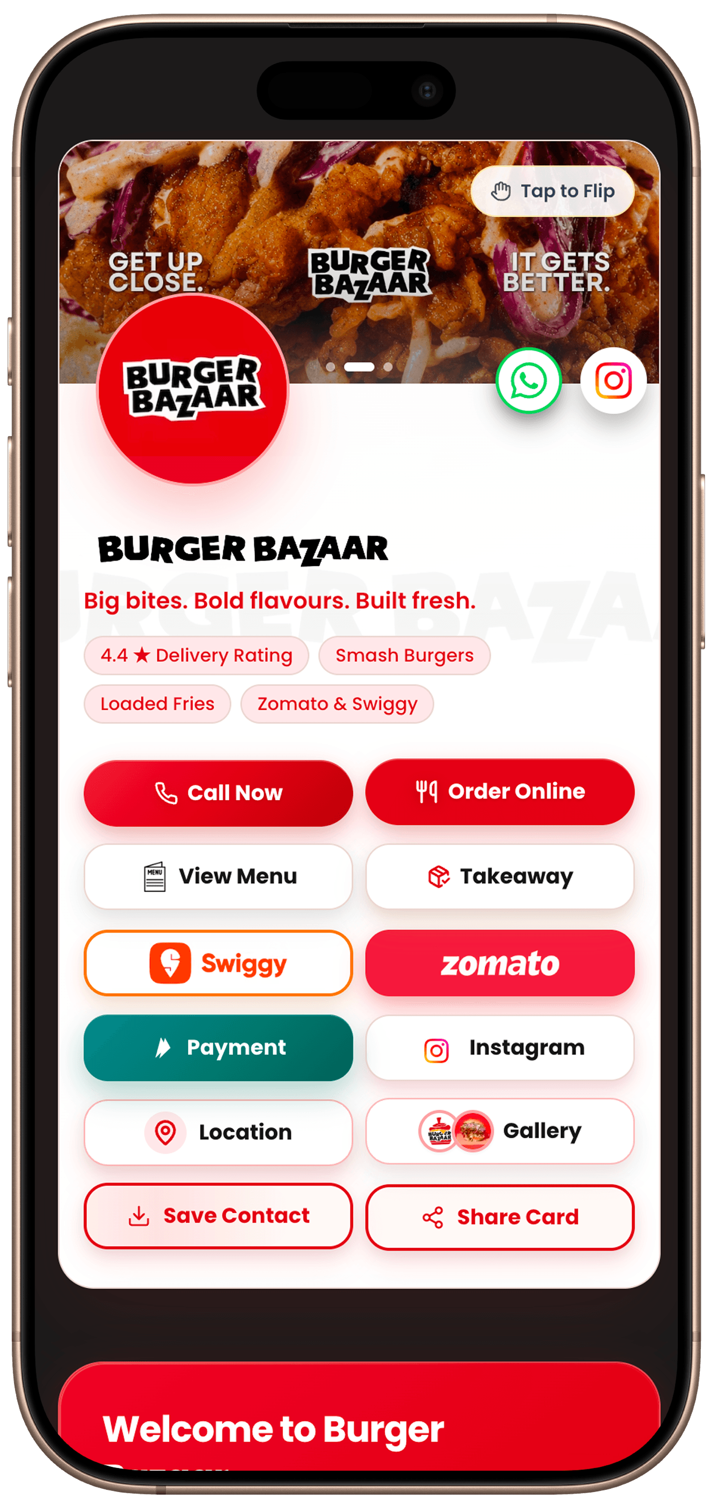Burger Bazaar OneLink restaurant mobile mockup