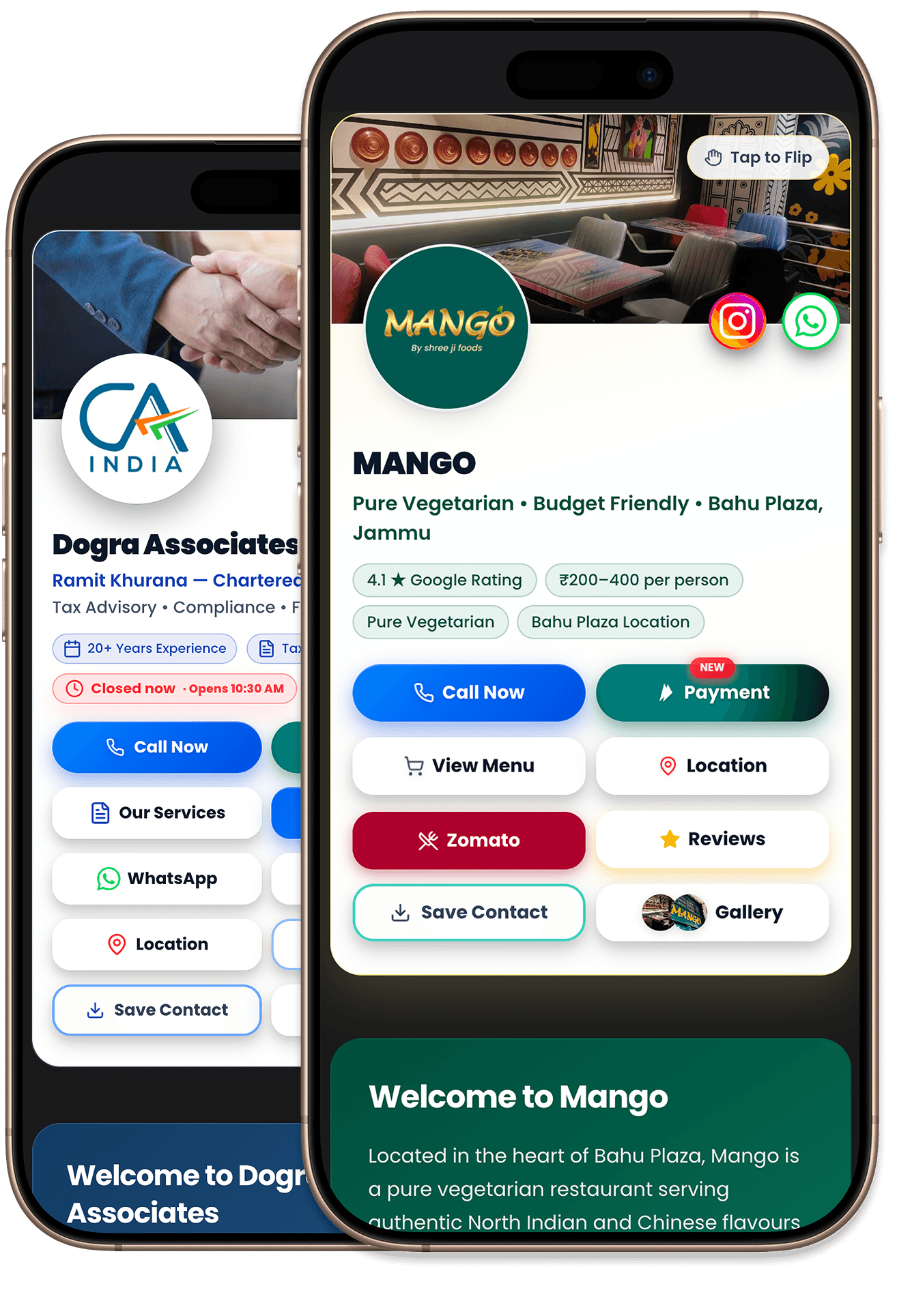 OneLink mobile pages — Honey's, professional services, and retail examples